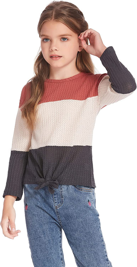 Arshiner Girls Knit Tops Colorblock Shirts Long Sleeve Sweaters