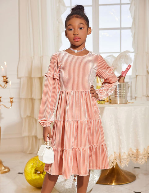 Arshiner Girls Velvet Tiered Dress Long Sleeve Crew Neck Elegant Tween Twirly Dresses for 6-13 Years