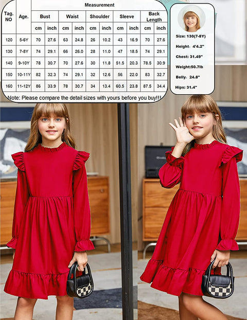 Arshiner Girl's Long Sleeve Dress Mock Neck Printing A-line Midi Dresses for 5-12 Years Kids