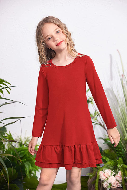 Arshiner Girls Cotton Long Sleeve A-Line Ruffle Hem Dress