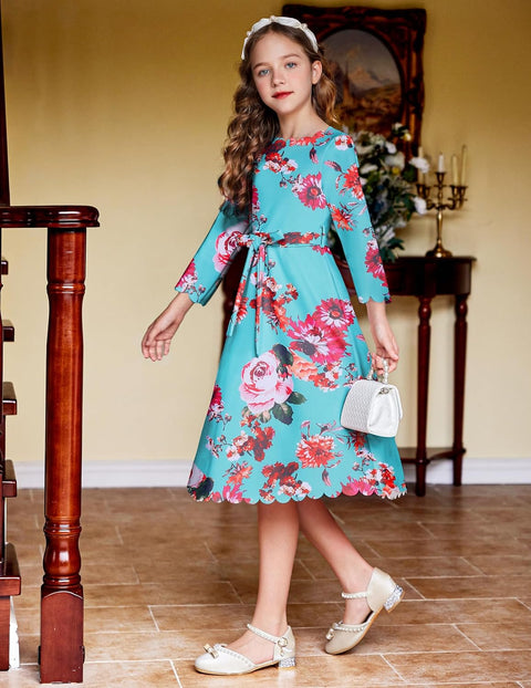 Arshiner Girls Party Dress Scallop Trim Belted A-Line Formal Midi Dresses with Pockets for 6-15Y