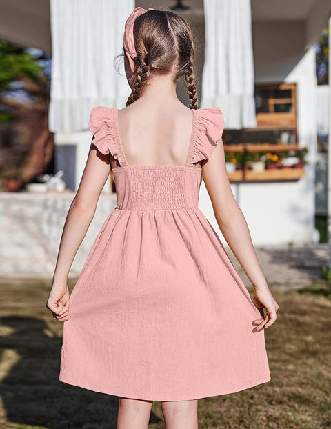 Arshiner Girls Linen Ruffle Backless Dress