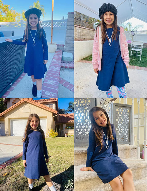 Arshiner Girls Dress Kids Long Sleeve Solid Color Casual T-Shirt Dress