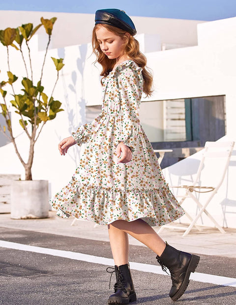 Arshiner Girls Trendy Long Sleeve Ruffle Hem Elastic Waist Dresses