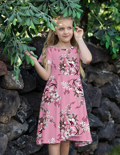 Arshiner Girls Floral Dress Short Sleeve Summer Dresses Skater Twirl Sundress for Girls 4-13 Years