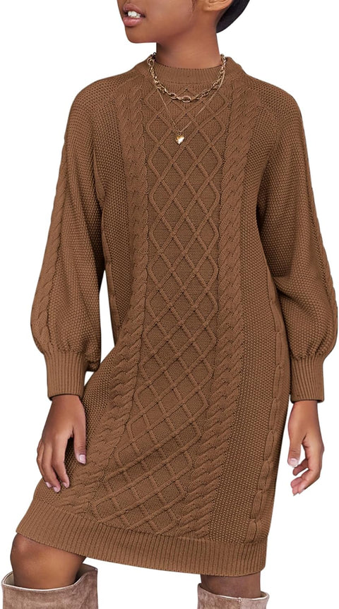 Arshiner Girl's Sweater Dress Puff Long Sleeve Casual Cable Knit Pullover Fall Dresses for 6-12 Years
