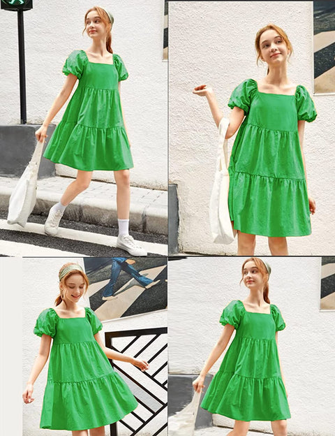 Arshiner Girls Dress Short Puff Sleeve Loose Tiered Ruffle Casual Dresses Square Neck