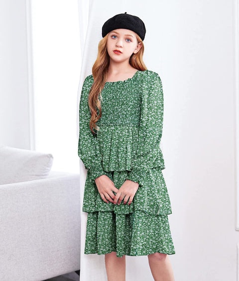 Arshiner Girls Long-Sleeve Tiered Dresses Square Neck Lantern Smocked Ruffle Layered Tie Back Dress