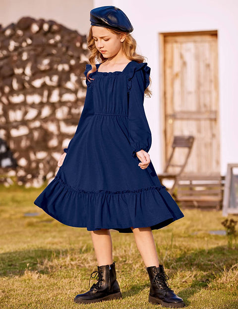 Arshiner Girls Trendy Long Sleeve Ruffle Hem Elastic Waist Dresses