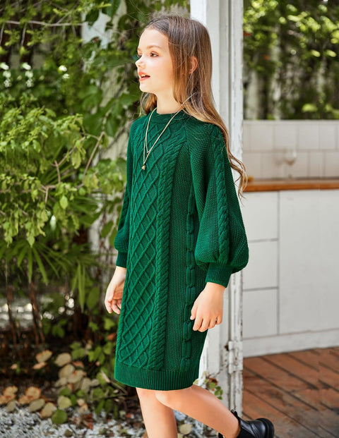 Arshiner Girl's Sweater Dress Puff Long Sleeve Casual Cable Knit Pullover Fall Dresses for 6-12 Years