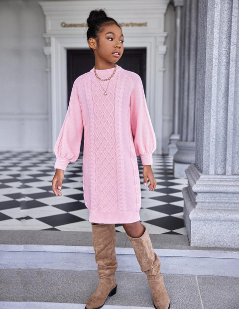 Arshiner Girl's Sweater Dress Puff Long Sleeve Casual Cable Knit Pullover Fall Dresses for 6-12 Years