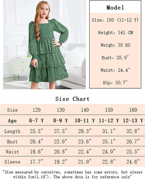 Arshiner Girls Long-Sleeve Tiered Dresses Square Neck Lantern Smocked Ruffle Layered Tie Back Dress