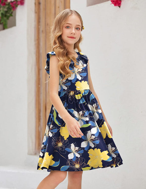 Arshiner Girls Ruffle Trim Neckline Dress A-Line Swing Casual Skater Dresses with Pockets 4-11 Years
