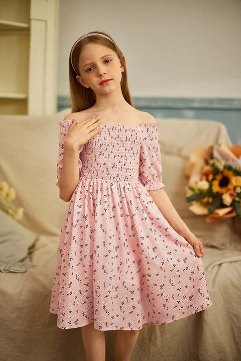 Arshiner Girls Summer Dress Short Puff Sleeve Floral Dress