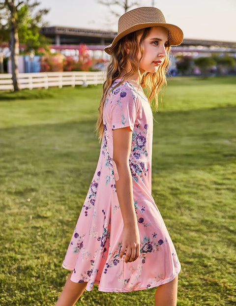 Arshiner Girls Floral Dress Short Sleeve Summer Dresses Skater Twirl Sundress for Girls 4-13 Years