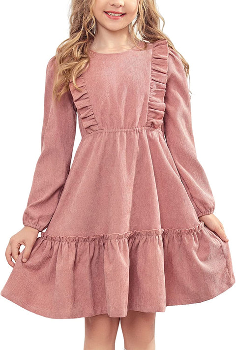 Arshiner Girls Dresses A-line Ruffled Button Corduroy Swing Dress