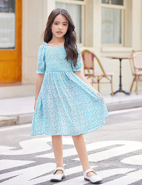 Arshiner Girls Summer Dress Short Puff Sleeve Floral Dress