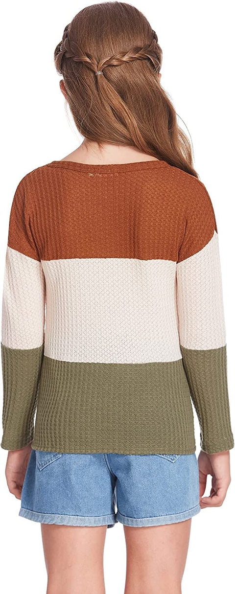 Arshiner Girls Knit Tops Colorblock Shirts Long Sleeve Sweaters
