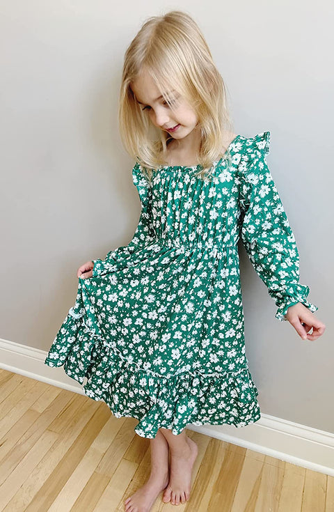 Arshiner Girls Trendy Long Sleeve Ruffle Hem Elastic Waist Dresses