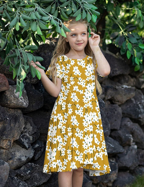 Arshiner Girls Floral Dress Short Sleeve Summer Dresses Skater Twirl Sundress for Girls 4-13 Years