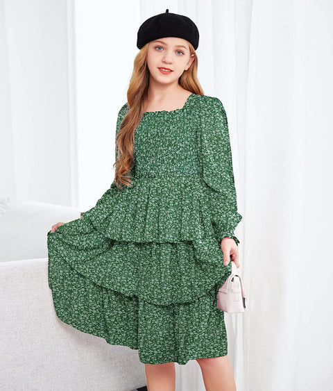 Arshiner Girls Long-Sleeve Tiered Dresses Square Neck Lantern Smocked Ruffle Layered Tie Back Dress