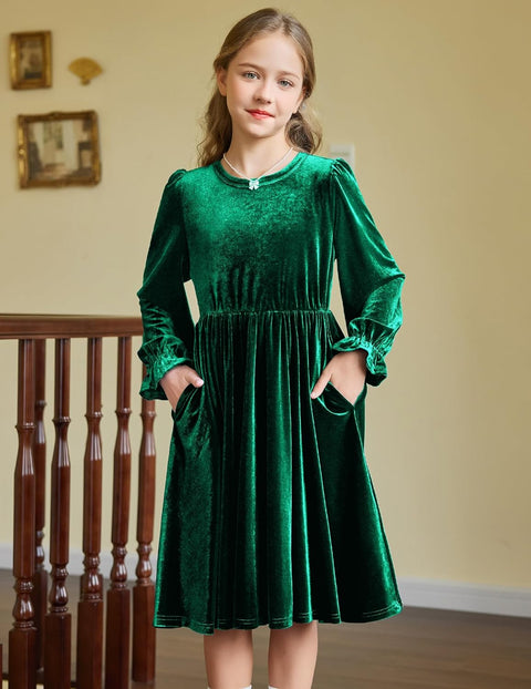 Arshiner Girls Dresses Velvet A Line Casual Party Dress with Pockets