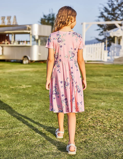 Arshiner Girls Floral Dress Short Sleeve Summer Dresses Skater Twirl Sundress for Girls 4-13 Years