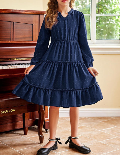 Arshiner Girls Dresses Long Sleeve Swiss Dot V Neck Ruffle Tiered Casual Party Dress