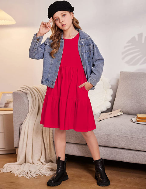 Arshiner Girls Long Sleeve Cold Shoulder Tiered Ruffle Pleated Pockets Dress for 4-14 Years