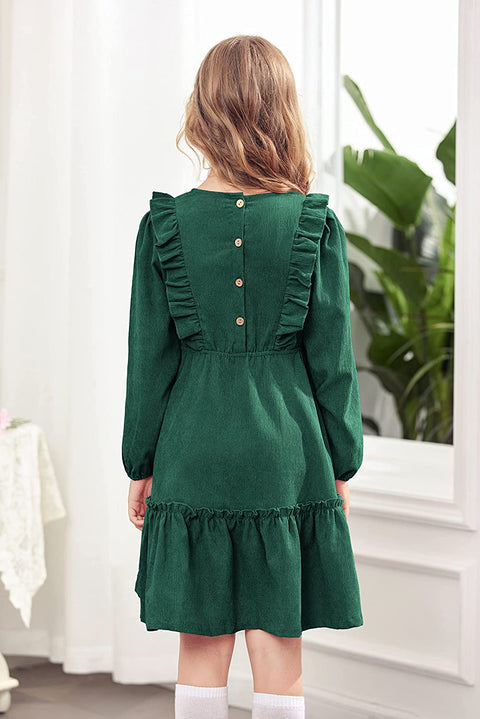 Arshiner Girls Dresses A-line Ruffled Button Corduroy Swing Dress