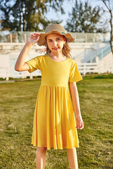 Arshiner Girls Dress Short Sleeve Solid Summer A-line Swing Twirly Skater Casual Dresses for Kids 4-14 Years