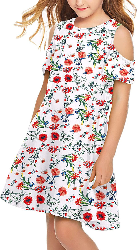 Arshiner Girls Summer Dress Short Sleeve Cold Shoulder Solid Color Swing Casual Dresses with Pockets