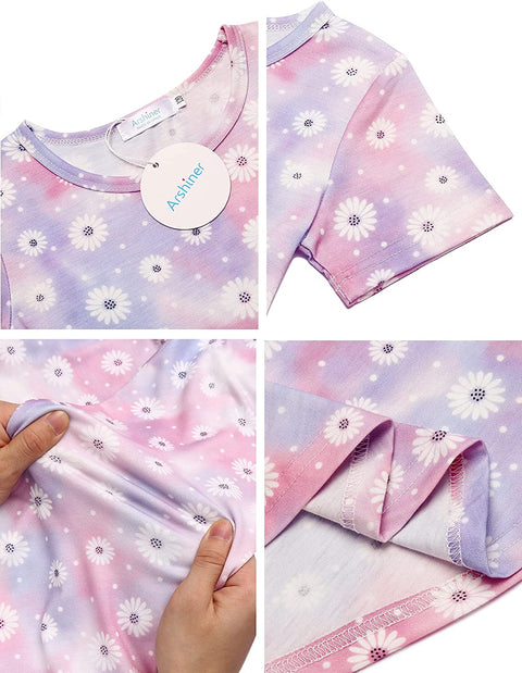 Arshiner Girls Floral Dress Short Sleeve Summer Dresses Skater Twirl Sundress for Girls 4-13 Years