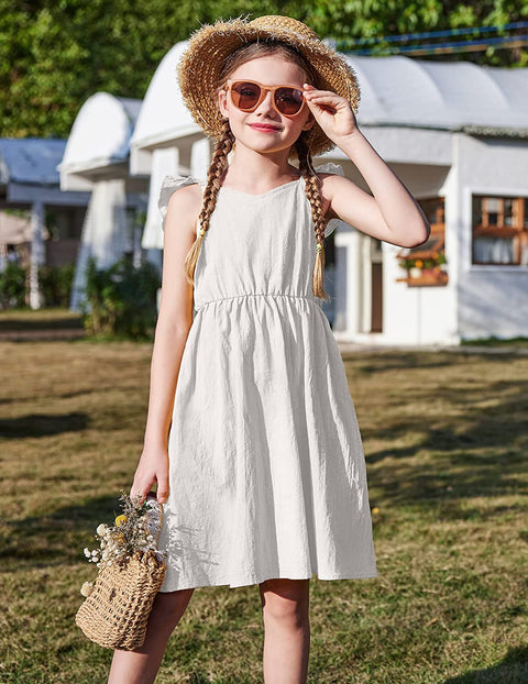Arshiner Girls Linen Ruffle Backless Dress