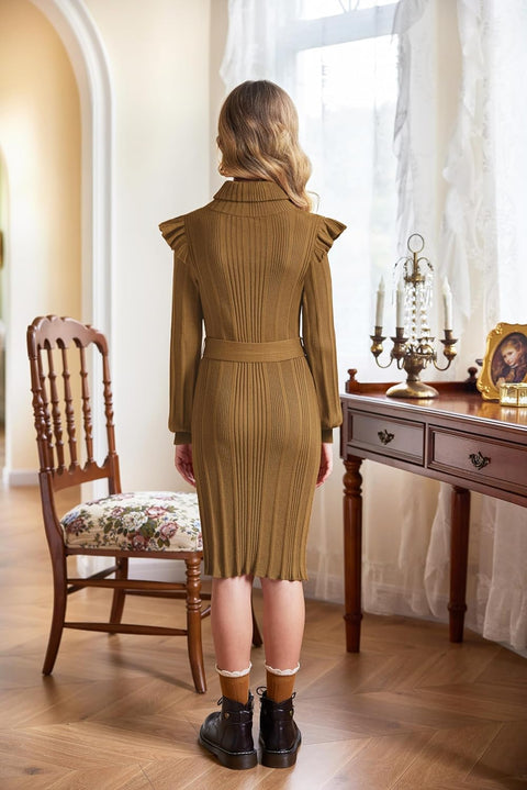 Arshiner Girls Sweater Dress Ruffled Long Sleeve Turtleneck Knit Midi Dress with Detachable Belt