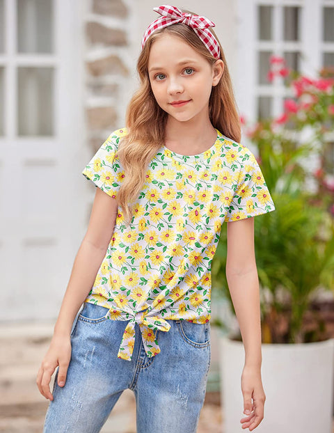 Arshiner Girls Casual Short Sleeve T Shirts Kids Tie Knot Front Tops