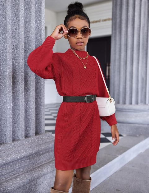 Arshiner Girl's Sweater Dress Puff Long Sleeve Casual Cable Knit Pullover Fall Dresses for 6-12 Years