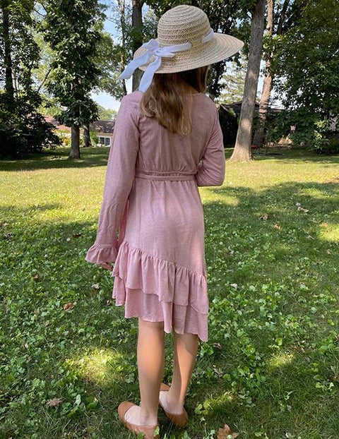 Arshiner Girls Dresses Long Sleeve Loose Plain Ruffle Swing Midi Dress