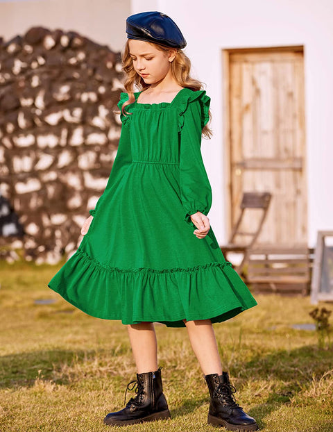Arshiner Girls Trendy Long Sleeve Ruffle Hem Elastic Waist Dresses