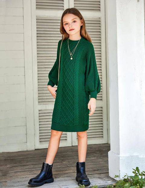 Arshiner Girl's Sweater Dress Puff Long Sleeve Casual Cable Knit Pullover Fall Dresses for 6-12 Years
