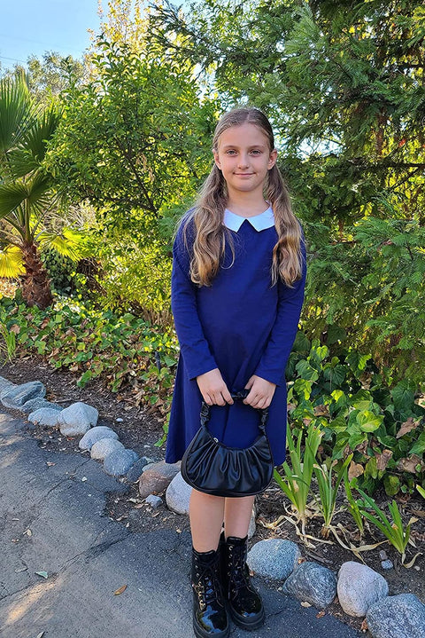Arshiner Girls Long Sleeve Vintage Peter Pan Collar T-Shirt Dress Age 4-13 Years
