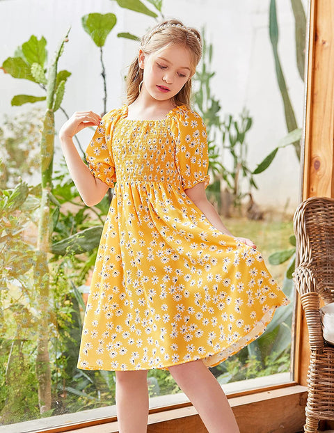 Arshiner Girls Summer Dress Short Puff Sleeve Floral Dress