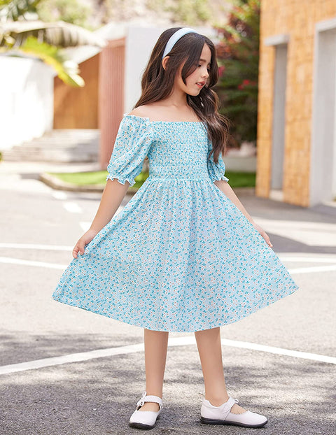 Arshiner Girls Summer Dress Short Puff Sleeve Floral Dress