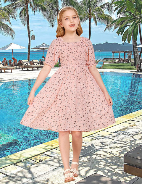 Arshiner Girls Summer Dress Short Puff Sleeve Floral Dress