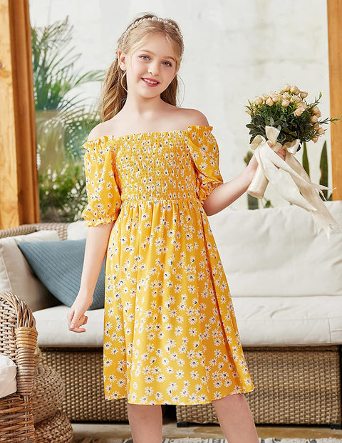 Arshiner Girls Summer Dress Short Puff Sleeve Floral Dress
