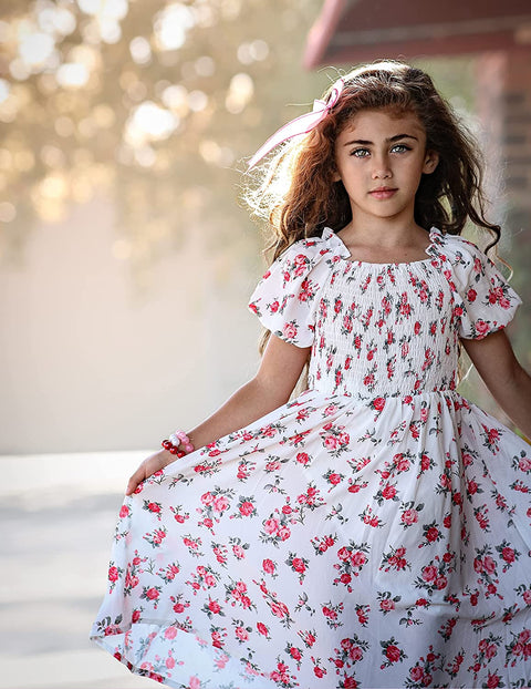 Arshiner Girls Summer Dress Short Puff Sleeve Floral Dress