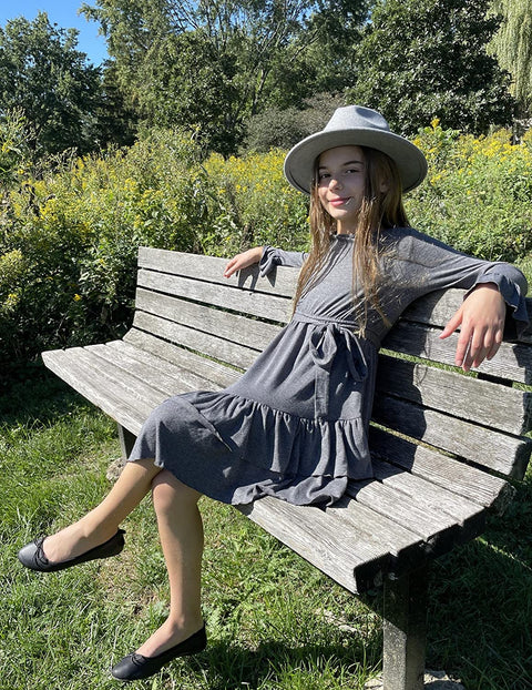 Arshiner Girls Dresses Long Sleeve Loose Plain Ruffle Swing Midi Dress