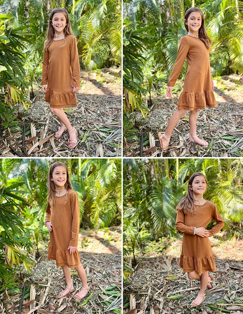 Arshiner Girls Cotton Long Sleeve A-Line Ruffle Hem Dress