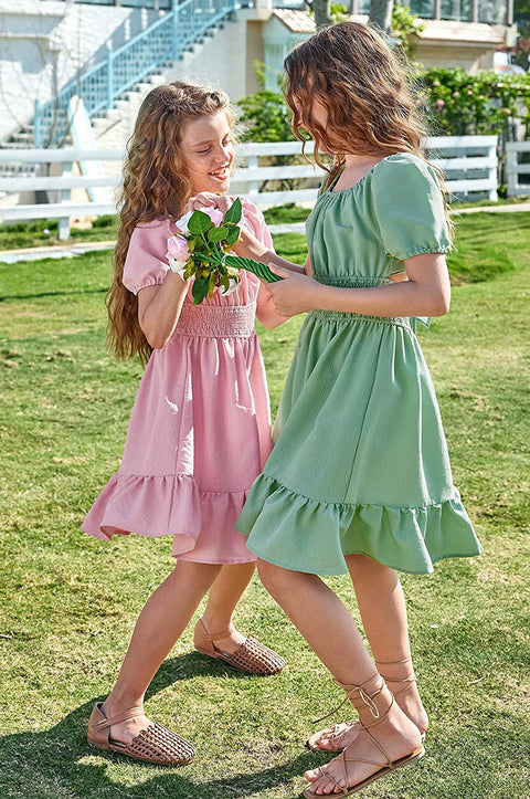 Arshiner Girls Tie Back Short Sleeve Ruffle Hem Off Shoulder Dresses