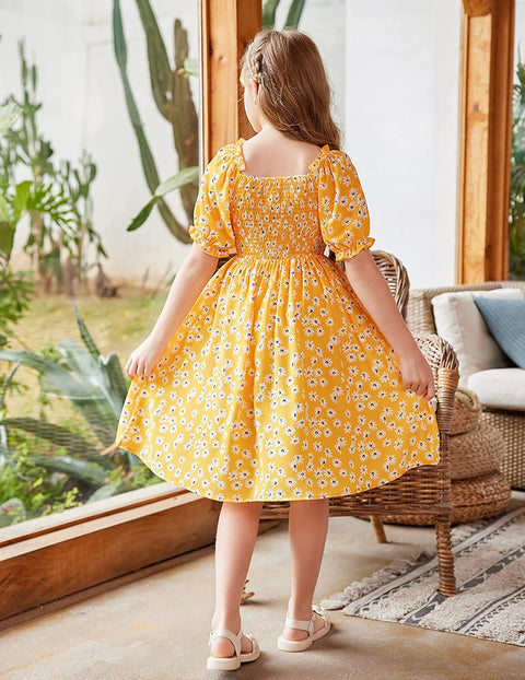 Arshiner Girls Summer Dress Short Puff Sleeve Floral Dress